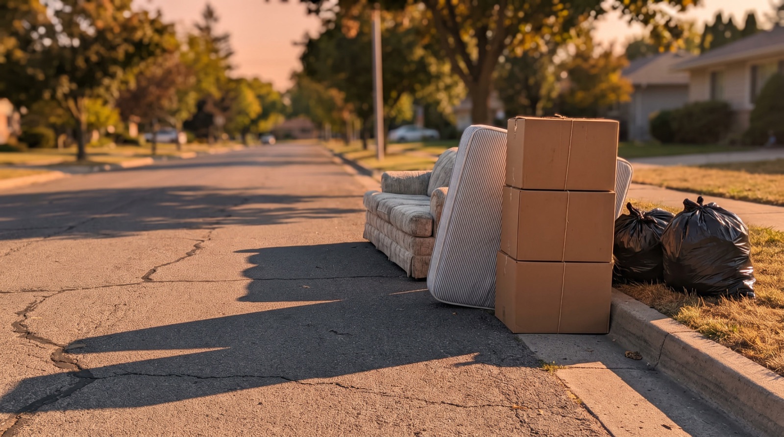 Illustrative AI-generated image of a curbside pile — a worn couch, mattress, boxes and trash bags at golden hour — not a TM Junk Removal job