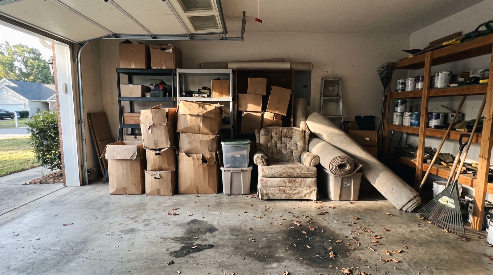 Illustrative AI-generated image of a cluttered garage packed with boxes, furniture and rolled rugs — not a TM Junk Removal job